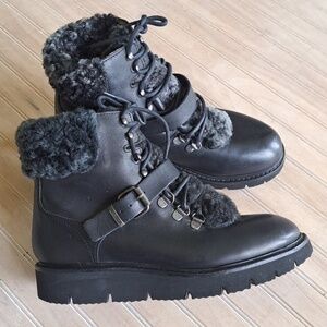 H by Hudson Adda Black Leather Shearling Lined Lace-Up Ankle Boots Trim Cozy